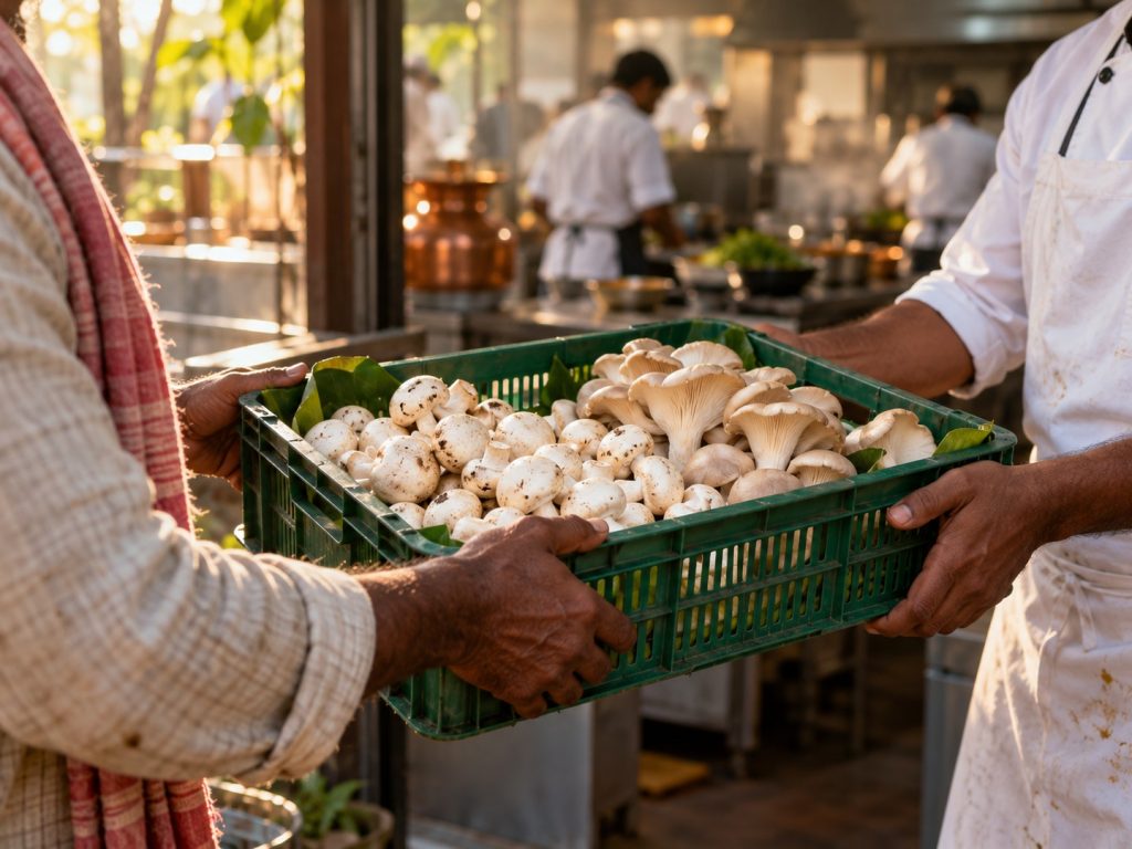 A farmer handing a crate of fresh mushrooms to a restaurant chef