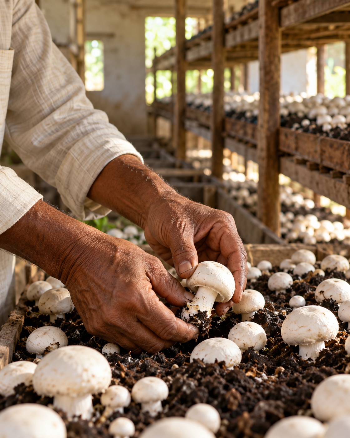 A farmer's hands picking a fresh white button mushroom from a compost bed