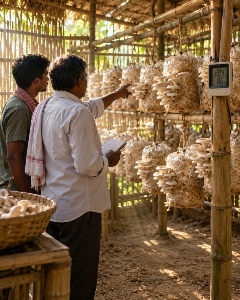 An adviser pointing at hanging oyster mushroom bags while a young farmer listens, in a bamboo shed