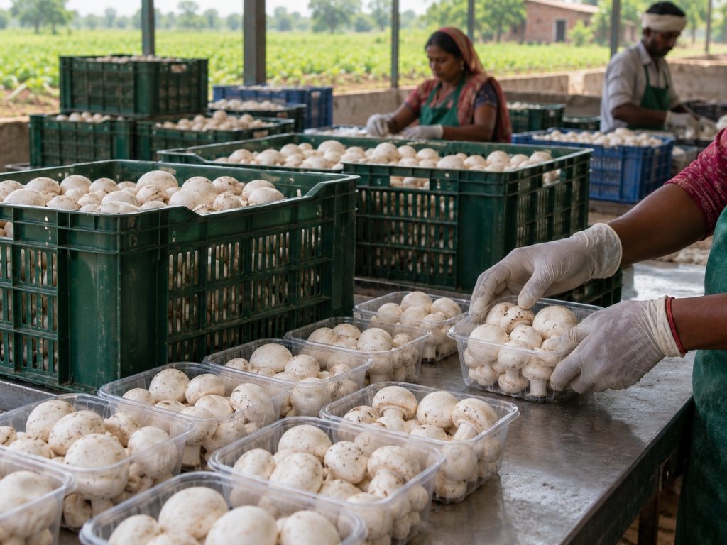 Fresh button mushrooms graded and packed in crates and punnets