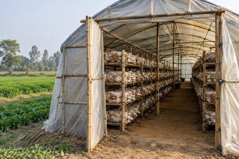 A bamboo and plastic-sheet mushroom shed on farmland