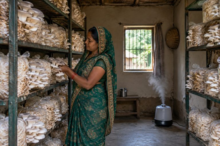 A spare village room fitted with racks of oyster mushroom bags