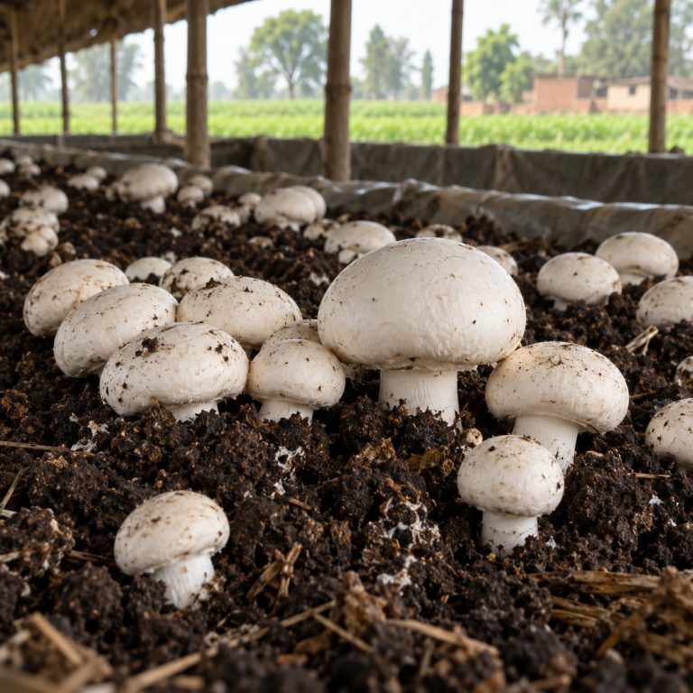 White button mushrooms growing