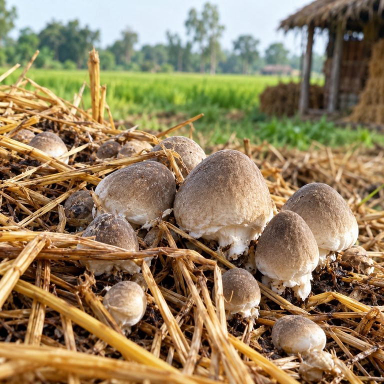 Paddy straw mushrooms growing