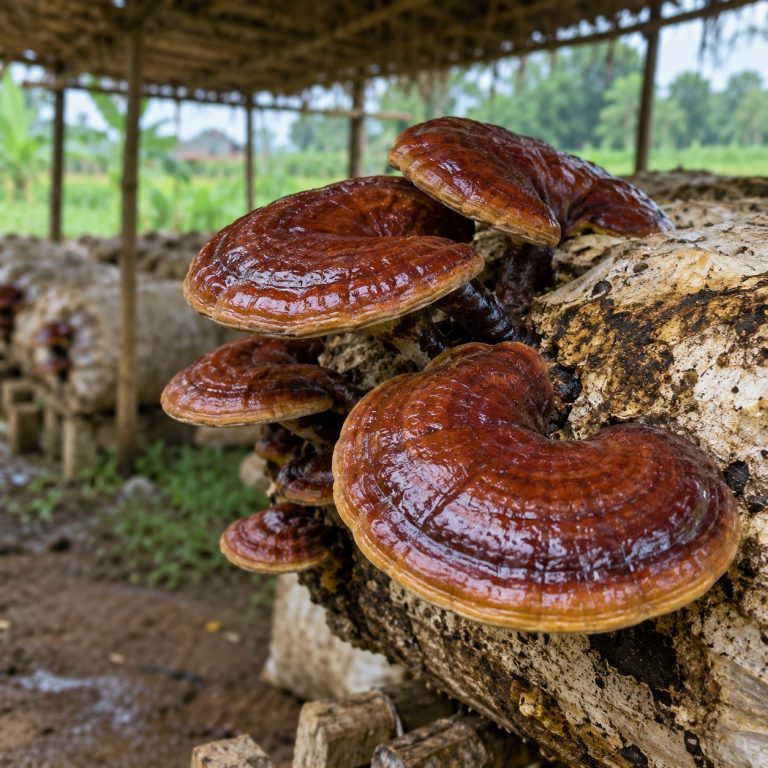 Reishi mushrooms growing