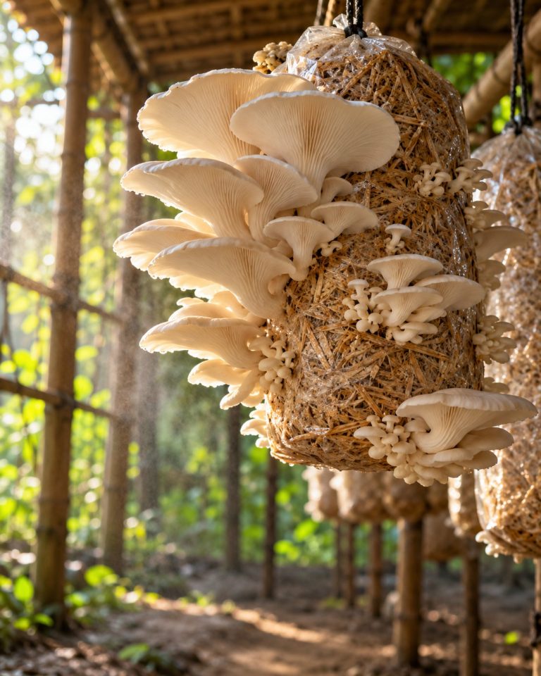 Oyster mushrooms growing in clusters from a hanging straw bag in a bamboo shed
